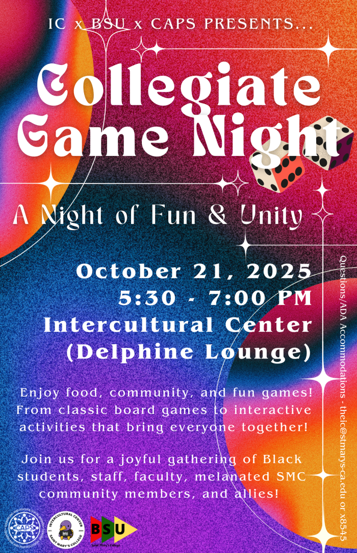 Multicolored background with white "Collegiate Game Night" title