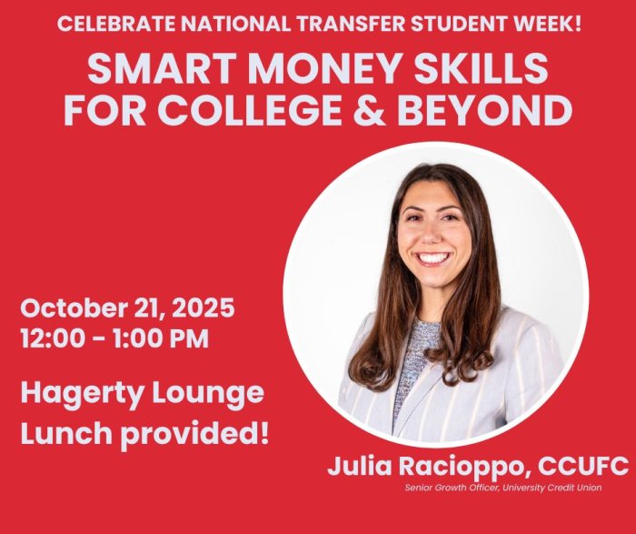 Event poster for "Smart Money Skills for College & Beyond," featuring details on date, time, location, and guest speaker Julia Racioppo.