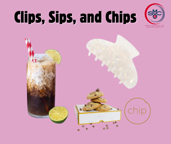 A glass of iced cola with lime beside cookies in a box, a large hair clip, and "Clips, Sips, and Chips" text on a pink background. Fun and casual.