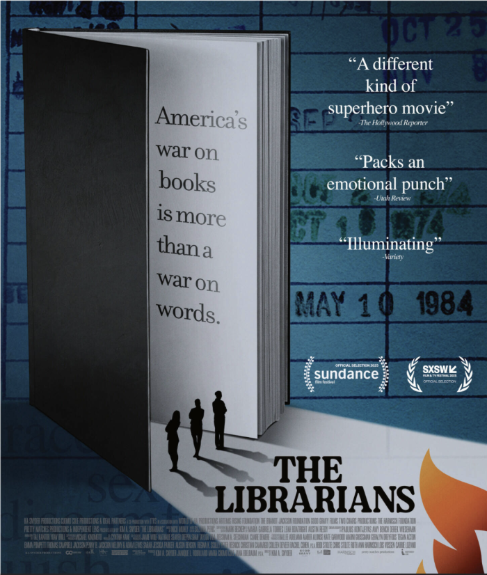 Movie poster for The Librarians with silhouettes standing in front of a giant book that says America's war on books is more than a war on words with flames coming from the corner