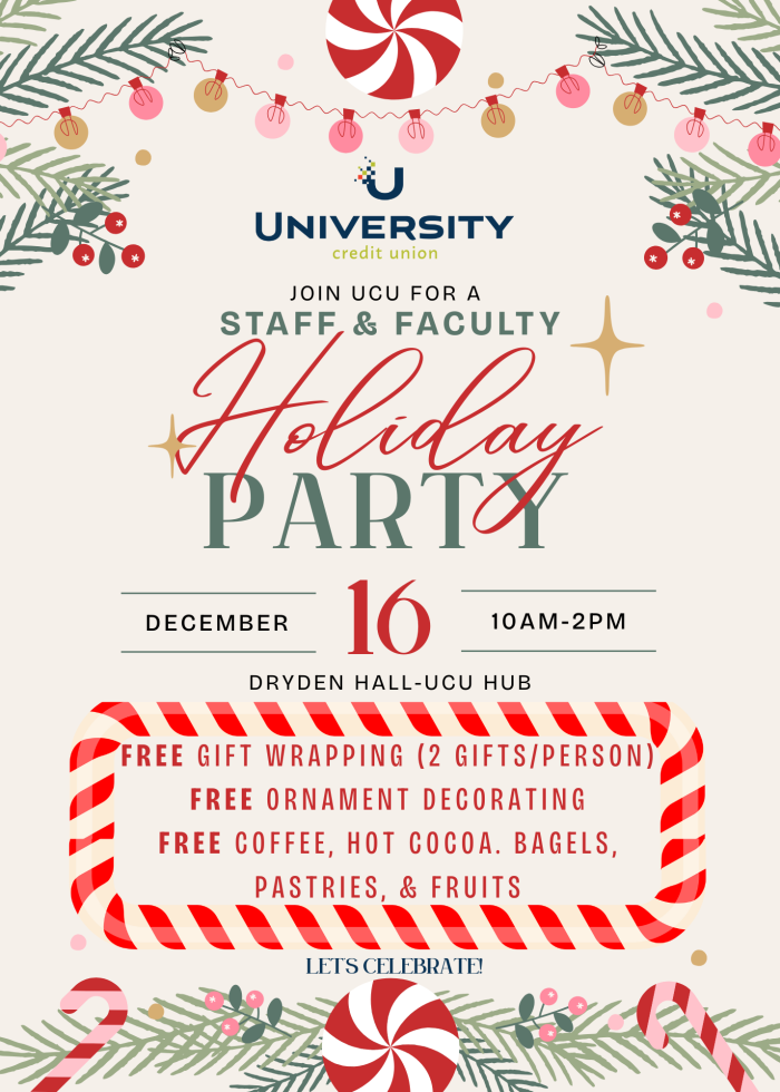 University Credit Union Holiday Party flyer with text - December 16, 2025
