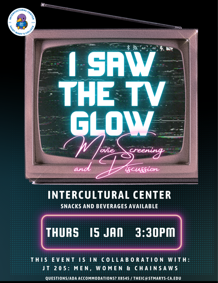 The I Saw The TV Glow Movie Screening and discussion poster. Black background with simple TV graphic in the middle.