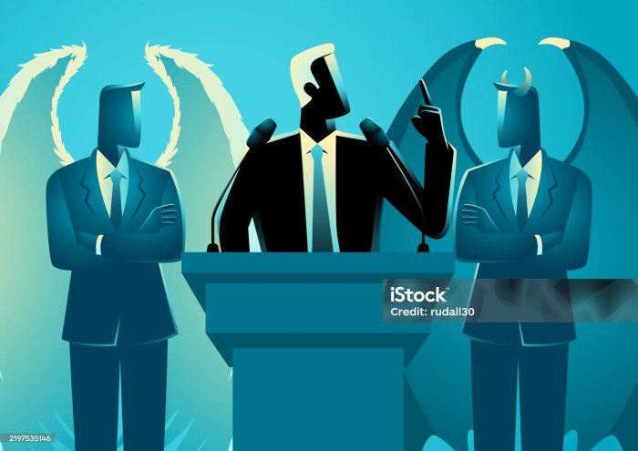 PIPPIN Musical image with a political or governmental amorphous figure at a podium and an angel on one side with the devil on the other