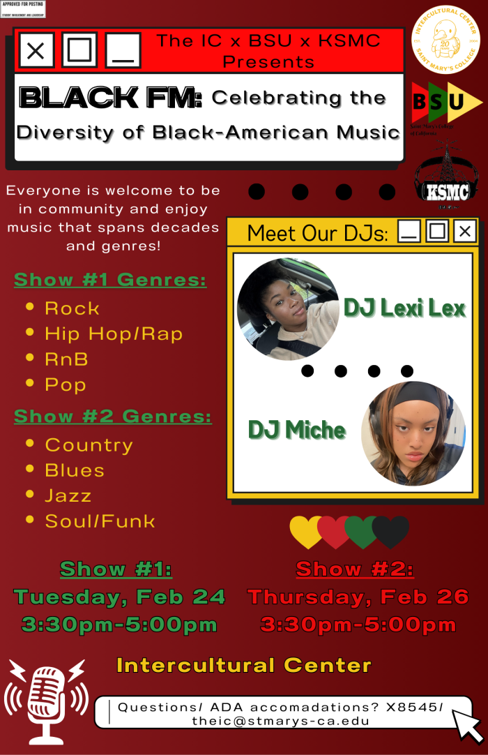 Red background. Pictures of DJ Lexi Lex and DJ Miche. IC, BSU and KSMC logos.