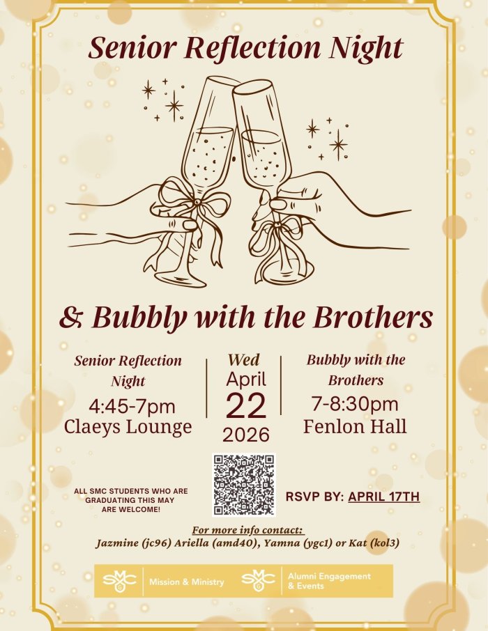 Flyer for Senior Reflection Night and Bubbly with the Brothers event for graduating students