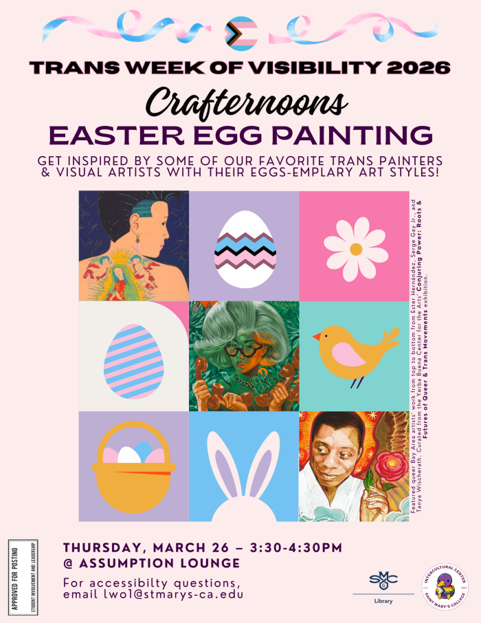 Beige background with a visual art with transgender flag colors and art by transgender artists