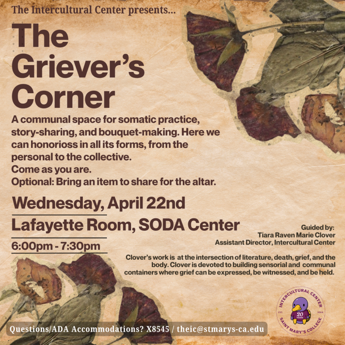 A 5 by 5 image with a piece of crumbled paper as the background to add texture. Pressed dark red and brown flowers frame the text in the upper right and lower left corners.