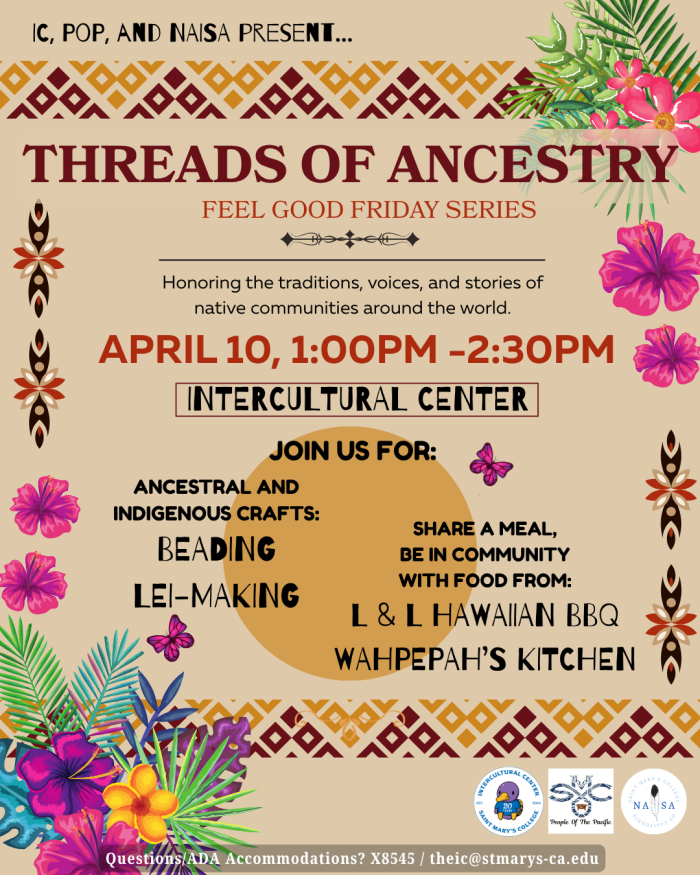 Brown background with hibiscus flowers and indigenous symbols