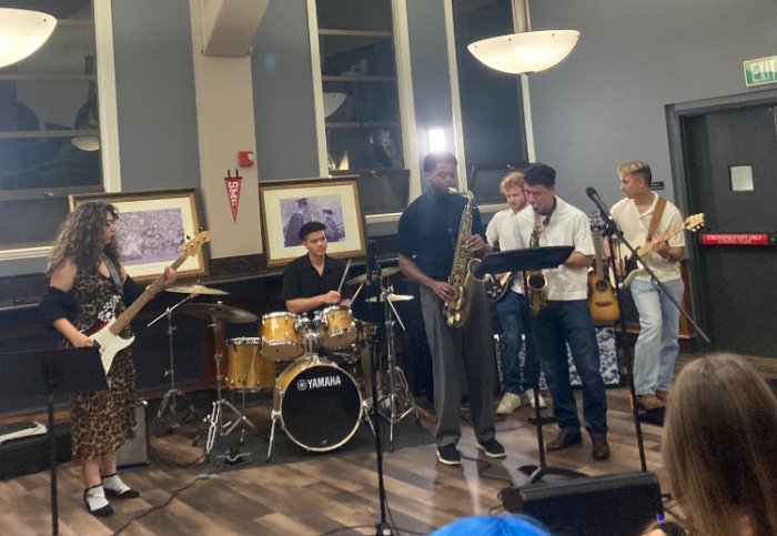 Jazz Band students play multiple instruments in the 1928 pub October 2025