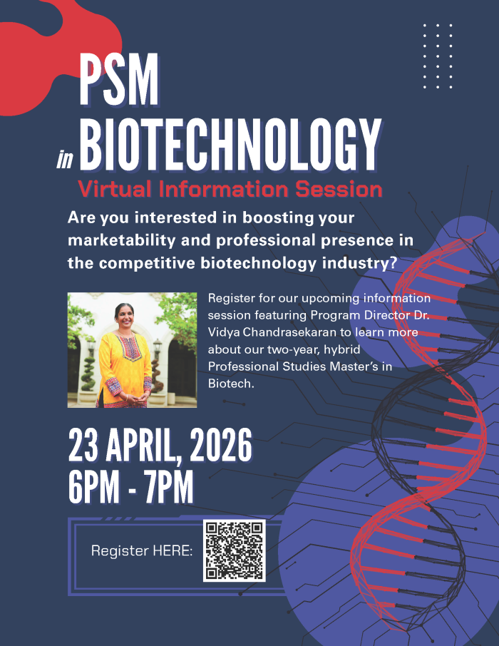 Blue Red Purple flyer with photo of Biotechnology director