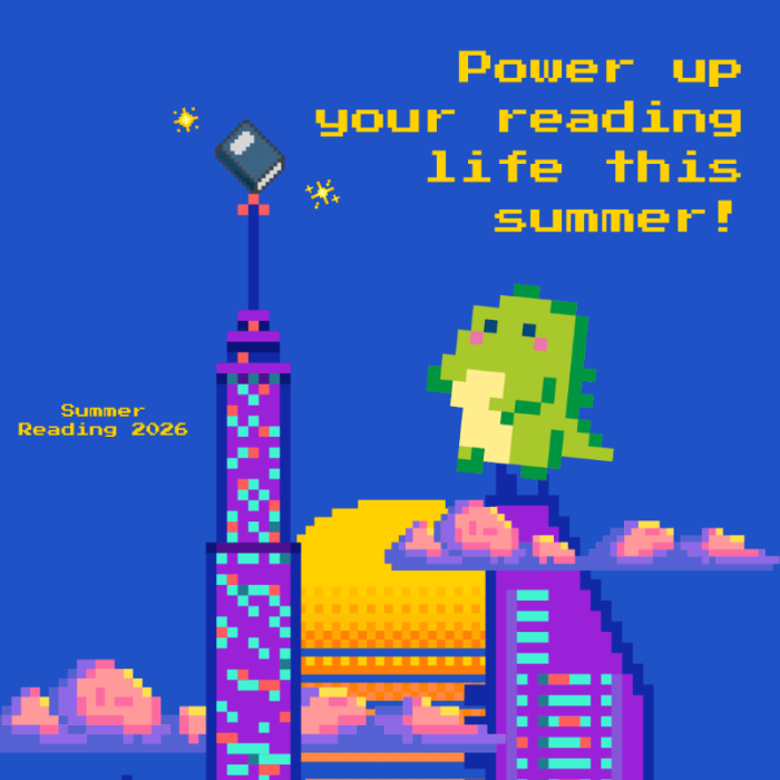 Summer reading illustration showing a 9-bit Godzilla climbing a building to grab a book