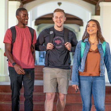 Three students walking and talking