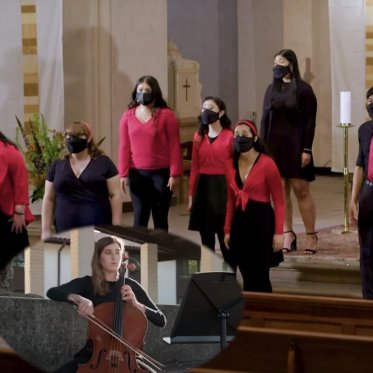 A photo of choir members performing at the Chapel. On the bottom left corner, an iris of a celloist playing at the Quad. 