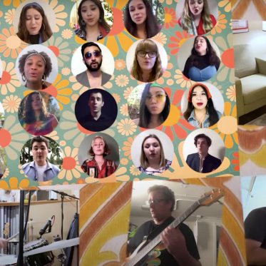 Several photos of music members against a 60s hippie-inspired and colorful background