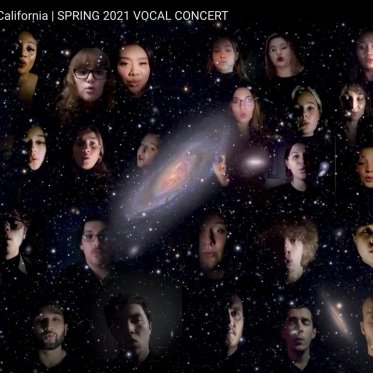 A collage image of people singing, all of their heads levitating against the background of the Milky Way Galaxy. On the top left corner, it reads "Saint Mary's College of California | SPRING 2021 VOCAL CONCERT"