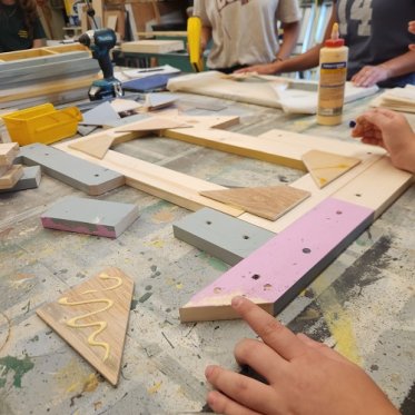 Theatre props in set building wood shop