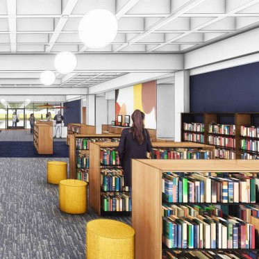 Rendering of library shelves with books and yellow stools