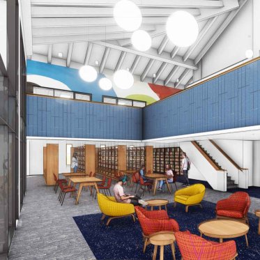 Rendering of library eating area and third floor
