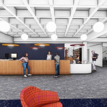 Rendering of library desk and lights