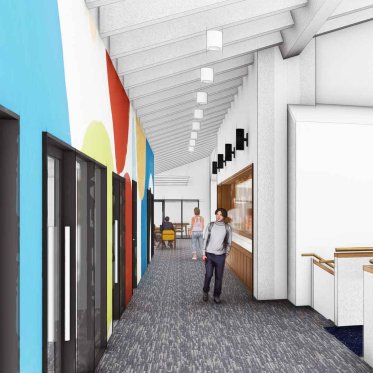 Rendering of study rooms with a mural outside