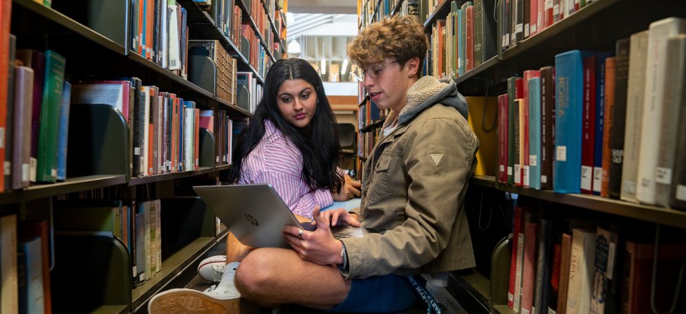 Students studying between book stacks