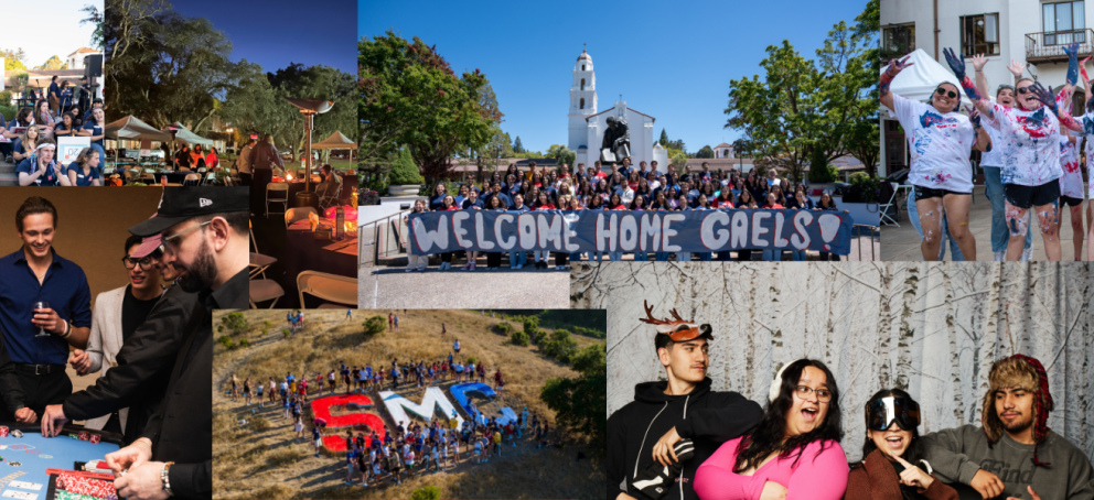 A collage of campus life scenes showing students participating in a variety of activities. Images include a lively outdoor event with students holding signs and cheering, an evening gathering with tents and lights, a large group holding a “Welcome Home Gaels!” banner in front of a campus chapel, and students celebrating with colorful paint-covered shirts. Other photos show students playing cards at a casino-style table, a large group forming the letters “SMC” on a hillside, friends posing in a photo booth w
