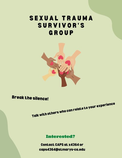 Sexual Trauma Survivor's Group with graphic of different colored hands holding hearts.
