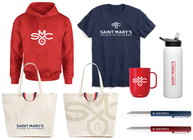 Sweatshirt, tshirt, mug, waterbottle, totes, and pens with the saint mary's college of california on them
