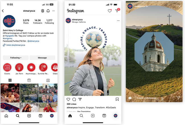 Saint Mary's Facebook feed and image showing a soccer player with a ball on her head and the SMC chapel