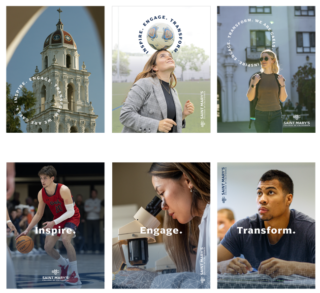 Images of students with inspire, engage, and transform over them