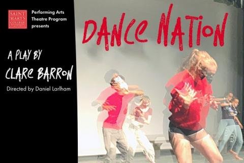 A poster for "Dance Nation" which shows red-shirted dancers looking blurry