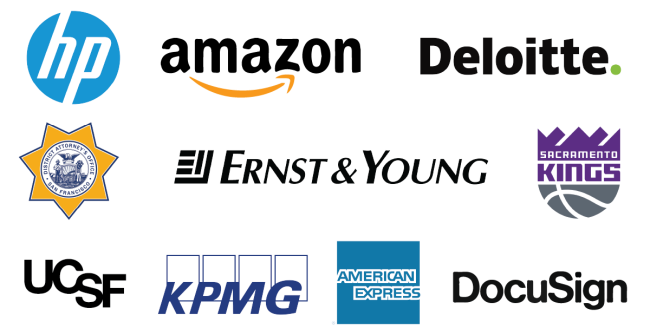 HP, Amazon, Deloitte, SF District Attorneys Office, Ernst &amp; Young, Sacramento Kings, UCSF, KPMG, American Express, and Docusign logos
