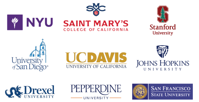 NYU Saint Mary's College, Stanford, University of San Diego, UC Davis, John Hopkins, Drexel University Pepperdine, SFSU logos
