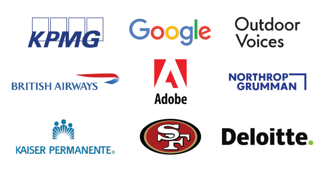 Logos for KPMG, Google ,Outdoor Voices, British Airways, Adobe, Northrop Grumman, Kaiser, SF 49ers, and Deloitte.