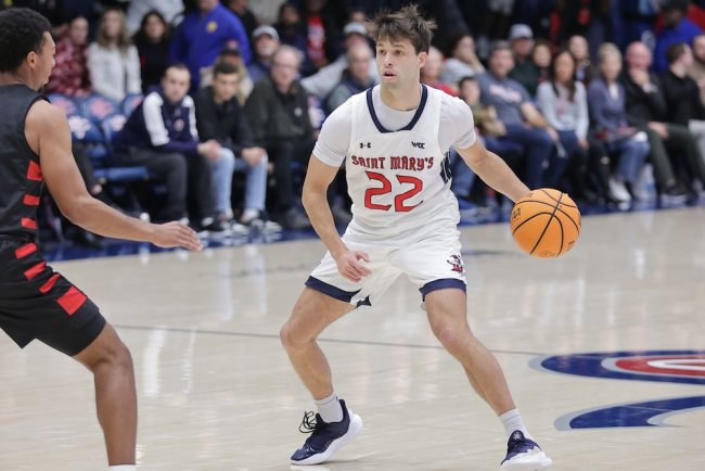 Men's Basketball player Cade Bennett dribbles against Stanislaus State in November 2024