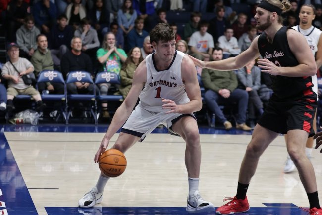 Men's Basketball player Harry Wessels dribbles against Stanislaus State in November 2024