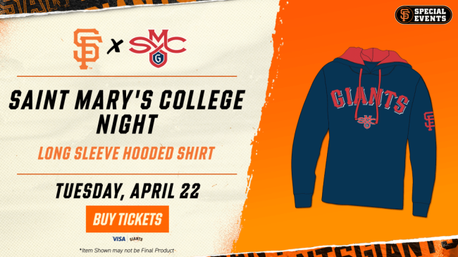Image of long-sleeve hooded shirt. Text reads: Saint Mary's College Night, Tuesday April 22nd