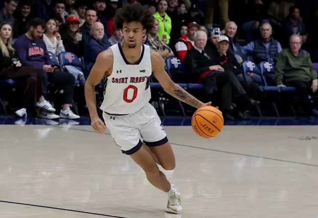 Men's Basketball player Mikey Lewis drives against Pepperdine in January 2025