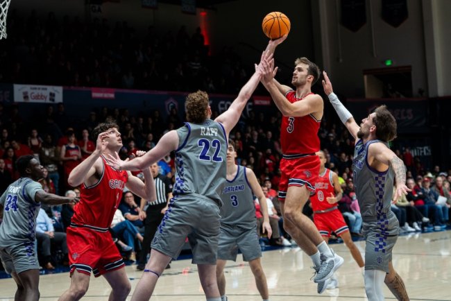 Men's basketball player Augustas Marciulionis shoots against Portland in February 2025