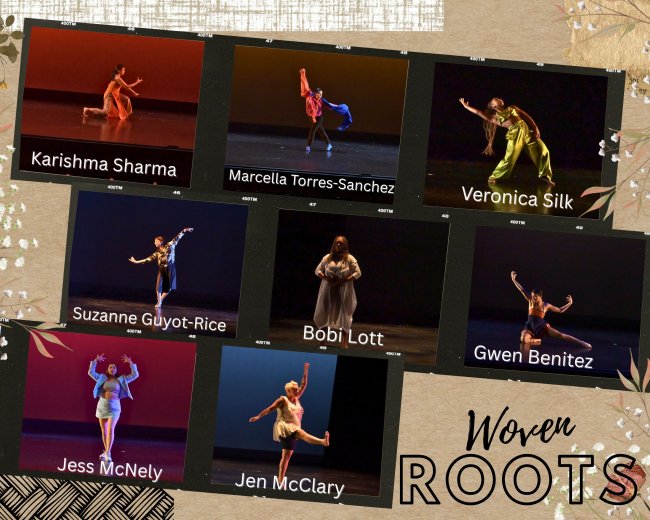Flyer for 2025 MFA in Dance Performance with photos and text WOVEN ROOTS