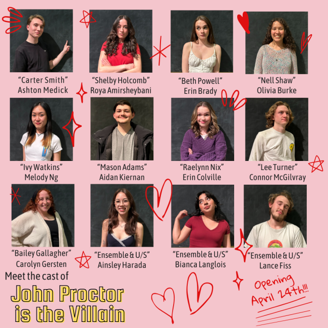 12 cast members' headshots for JOHN PROCTOR IS THE VILLAIN Spring '25 production at SMC