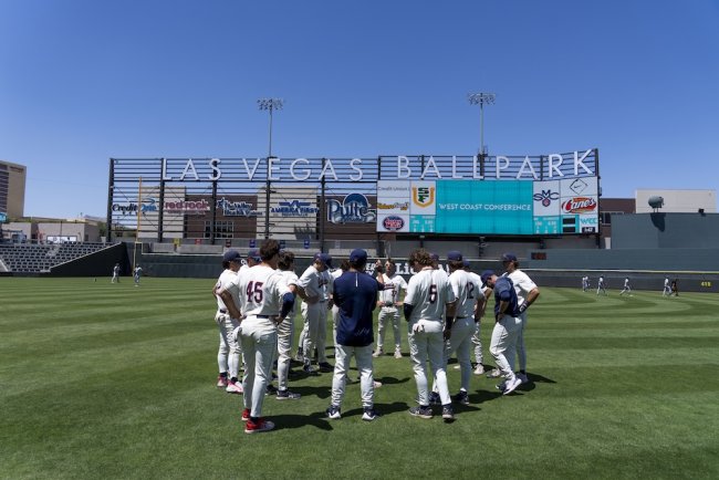 Baseball team in of Las Vegas Ballpark, where Gaels defeated USF in first round May 2025