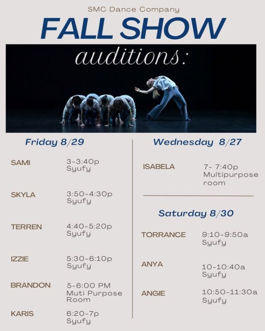 Fall '25 Dance Audition Times
