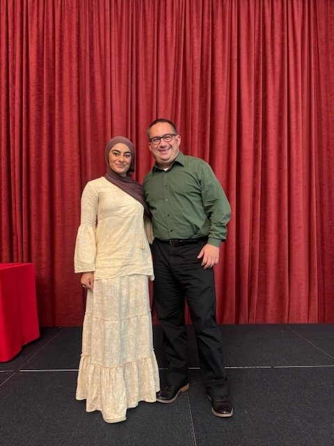 2025 Winner, Bashire Jamil, with Vice President of Student Life, Jim Sciuto.