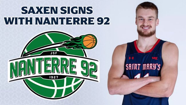 Basketball player Mitchell Saxen and text "Saxen signs with Naterre 92"