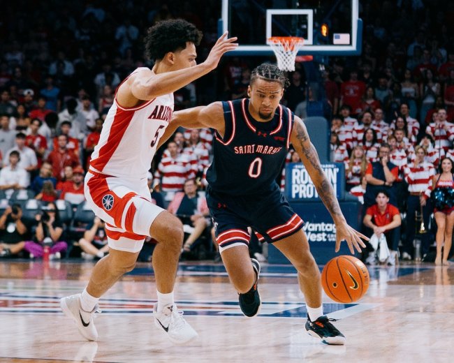 Men's Basketball player Mikey Lewis drives against Arizona in October 2025