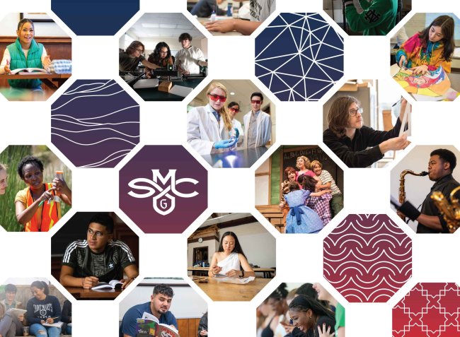 Grid of students in a science lab, studying, playing music and doing research