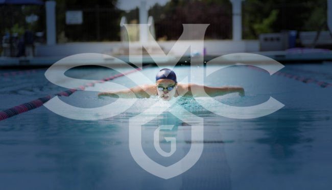 Swimmer in pool with SMC logo over it