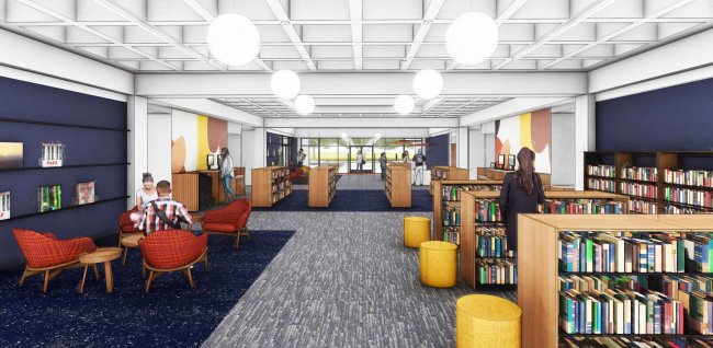 Rendering of Saint mary's new library showing book stacks, lounge area, and new furniture