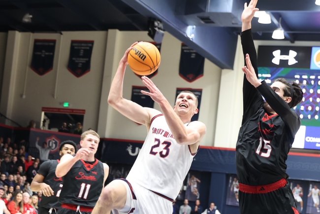 Basketball player Paulius Murauskas shoots against Seattle in January 2026